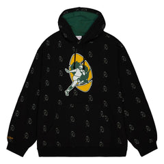 Green Bay Packers Allover Print Fleece Pullover Hoodie - Black - Mitchell & Ness