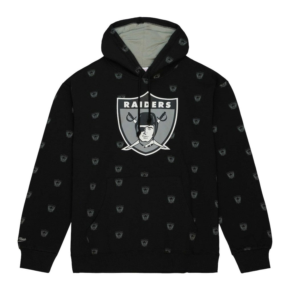 Las Vegas Raiders Allover Print Fleece Pullover Hoodie - Black - Mitchell & Ness