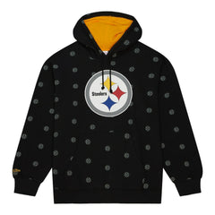 Pittsburgh Steelers Allover Print Fleece Pullover Hoodie - Black - Mitchell & Ness