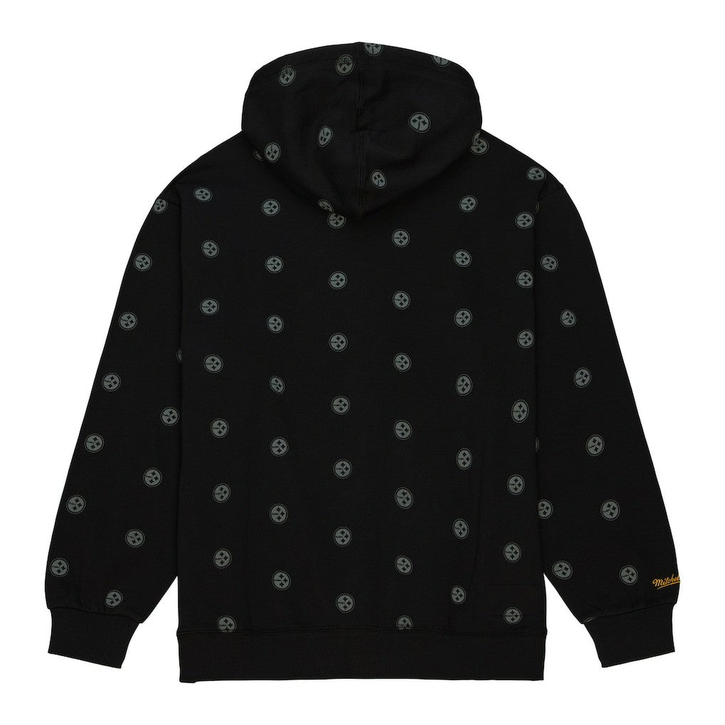 Pittsburgh Steelers Allover Print Fleece Pullover Hoodie - Black - Mitchell & Ness