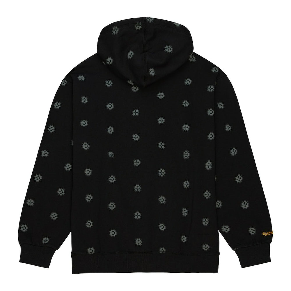 Pittsburgh Steelers Allover Print Fleece Pullover Hoodie - Black - Mitchell & Ness