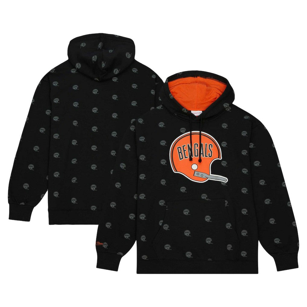 Cincinnati Bengals Allover Print Fleece Pullover Hoodie - Black - Mitchell & Ness
