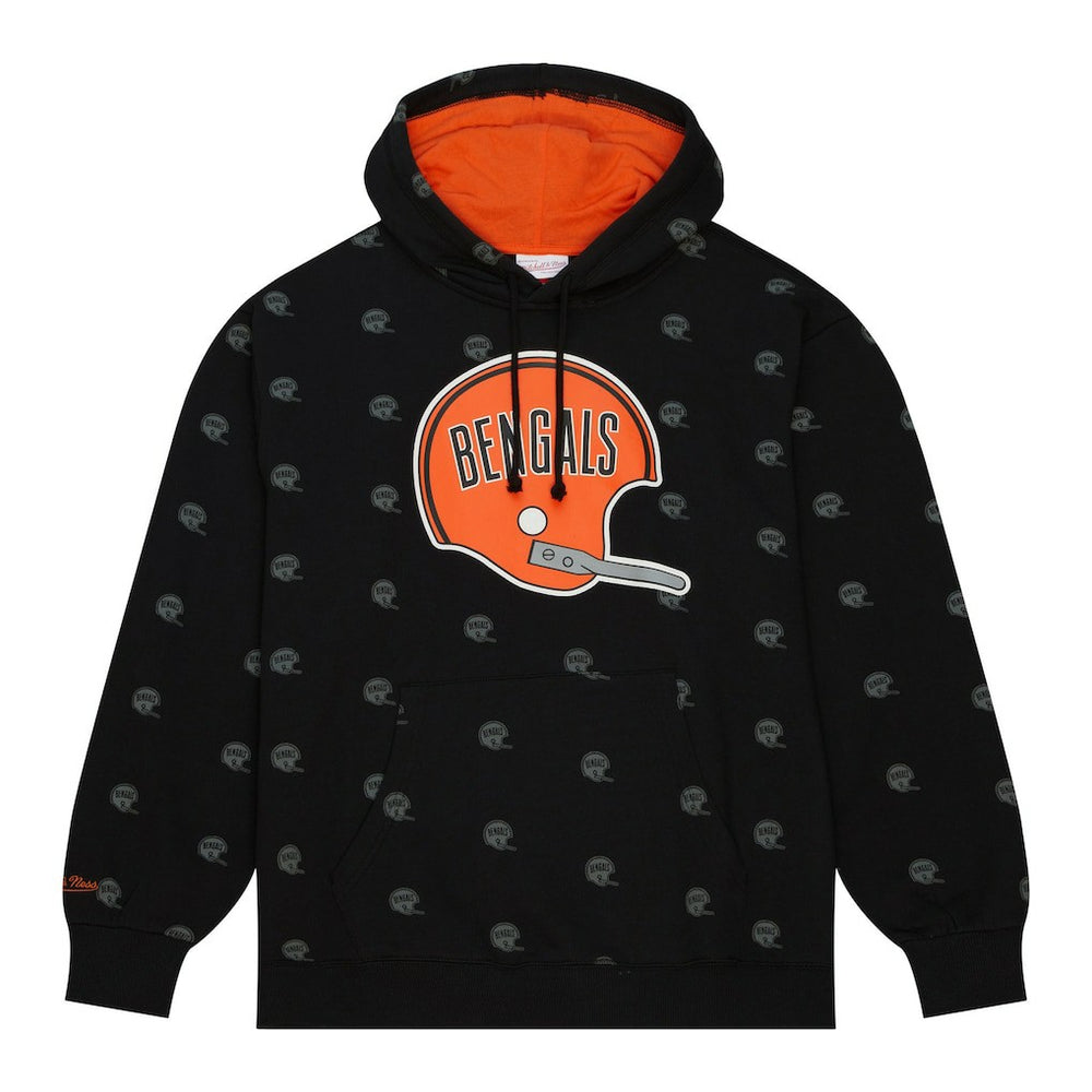 Cincinnati Bengals Allover Print Fleece Pullover Hoodie - Black - Mitchell & Ness