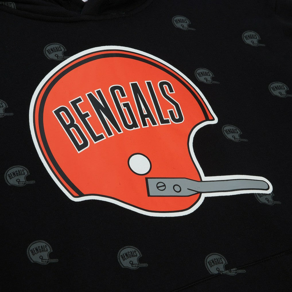 Cincinnati Bengals Allover Print Fleece Pullover Hoodie - Black - Mitchell & Ness