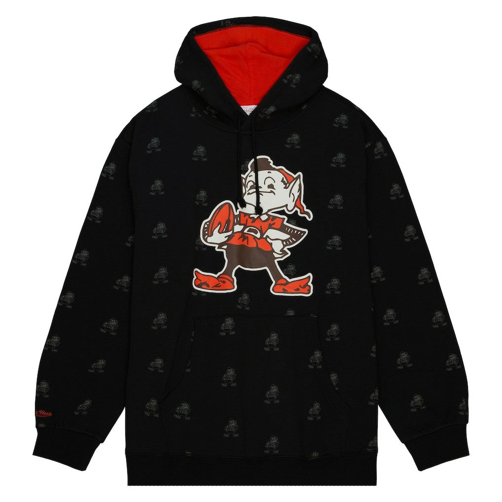 Cleveland Browns Allover Print Fleece Pullover Hoodie - Black - Mitchell & Ness
