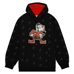 Cleveland Browns Allover Print Fleece Pullover Hoodie - Black - Mitchell & Ness