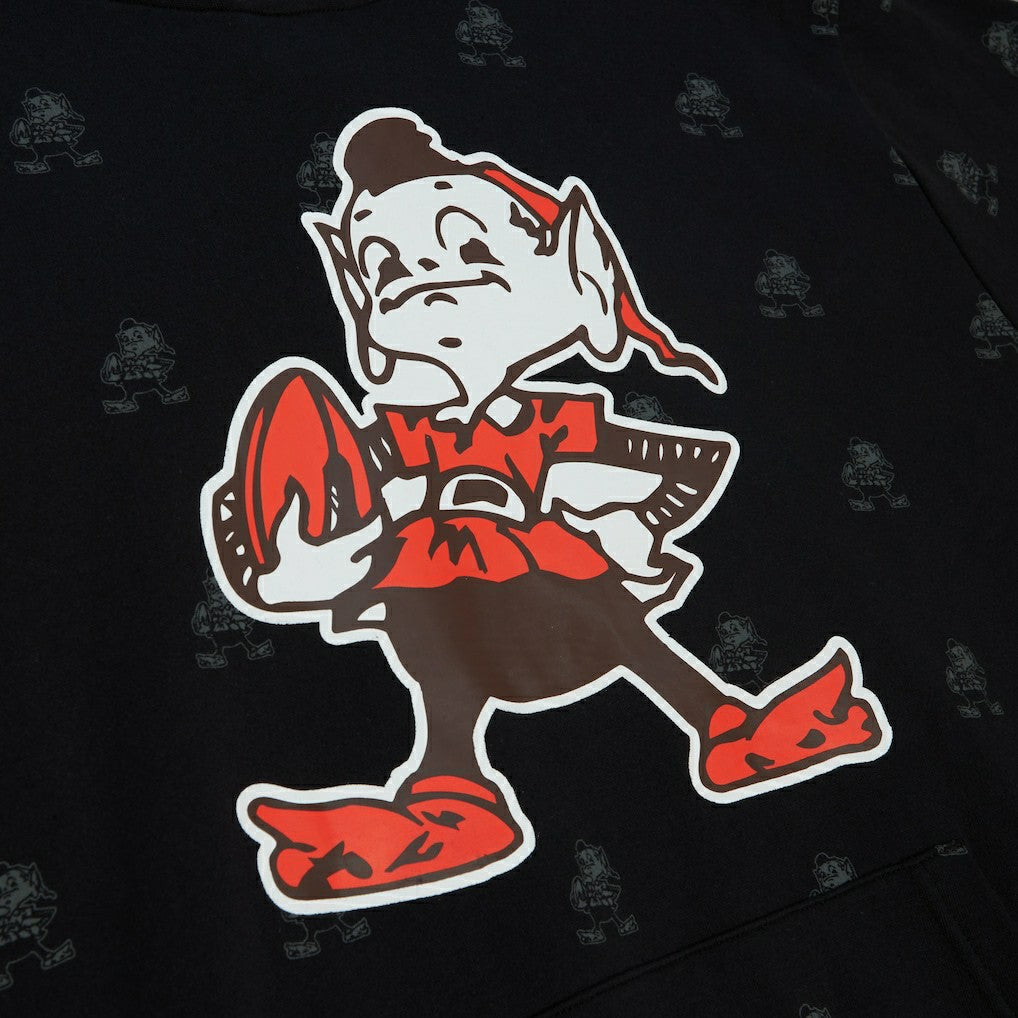 Cleveland Browns Allover Print Fleece Pullover Hoodie - Black - Mitchell & Ness