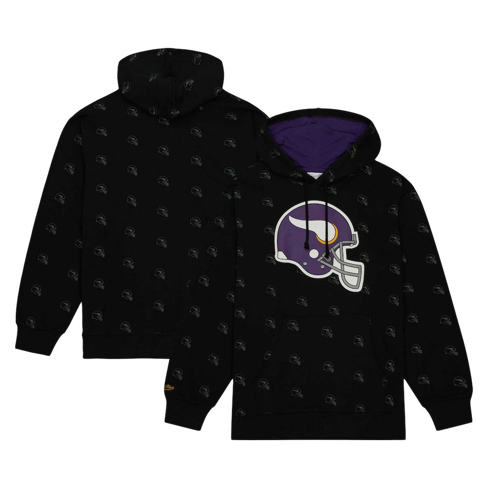 Minnesota Vikings Allover Print Fleece Pullover Hoodie - Black - Mitchell & Ness