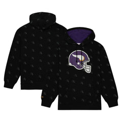 Minnesota Vikings Allover Print Fleece Pullover Hoodie - Black - Mitchell & Ness