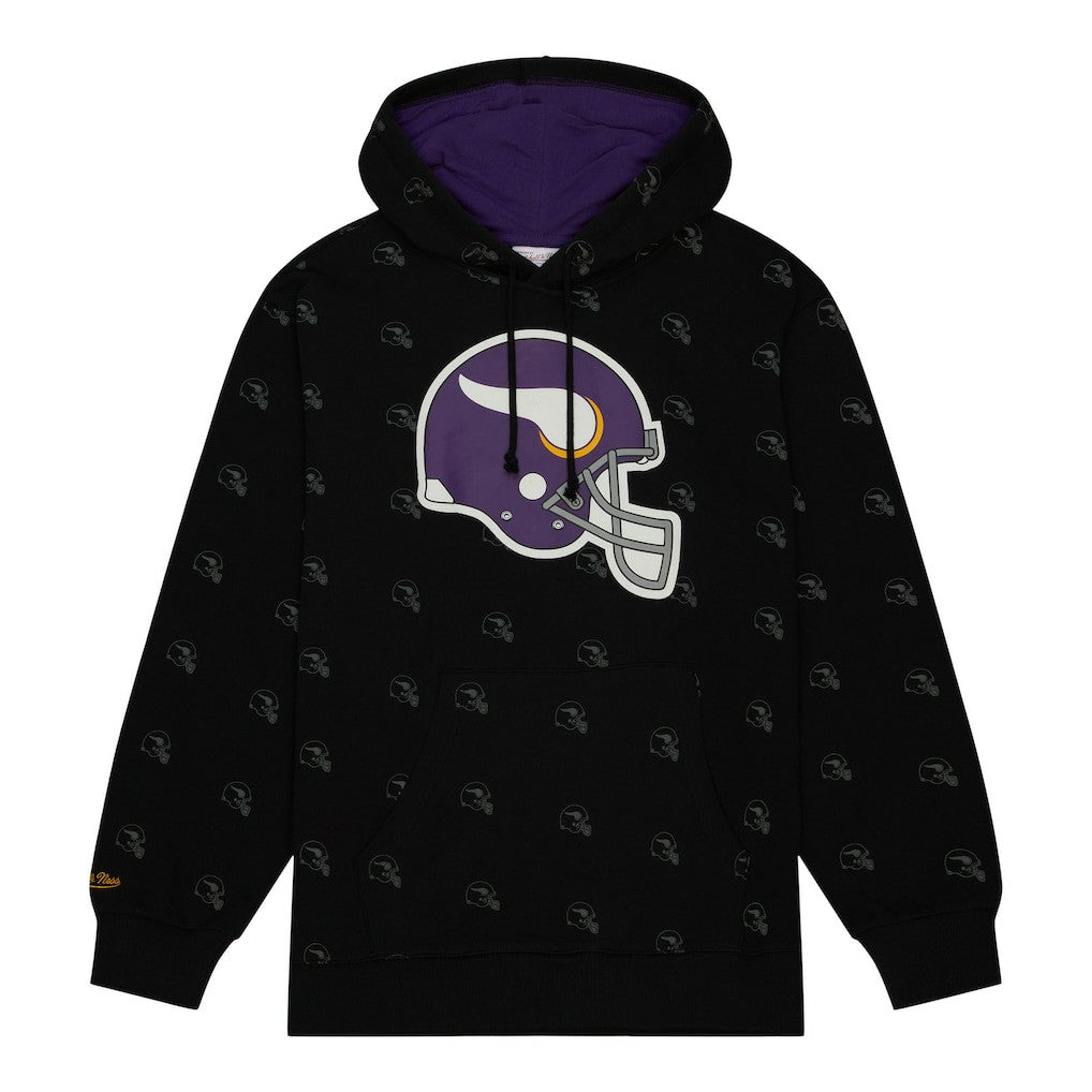 Minnesota Vikings Allover Print Fleece Pullover Hoodie - Black - Mitchell & Ness