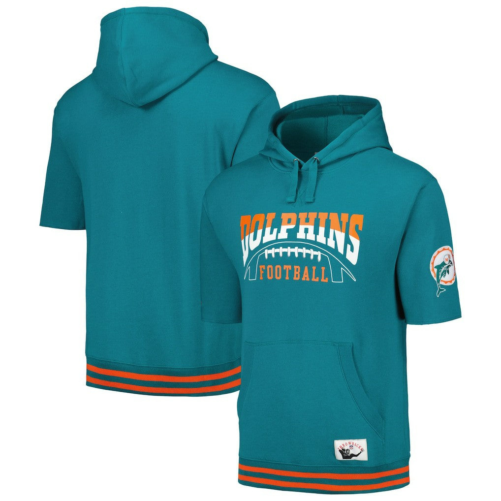 Miami Dolphins Pre-Game Short Sleeve Pullover Hoodie - Aqua - Mitchell & Ness