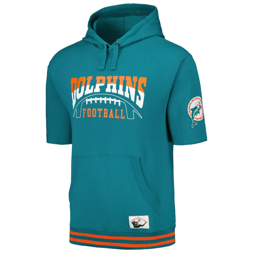 Miami Dolphins Pre-Game Short Sleeve Pullover Hoodie - Aqua - Mitchell & Ness