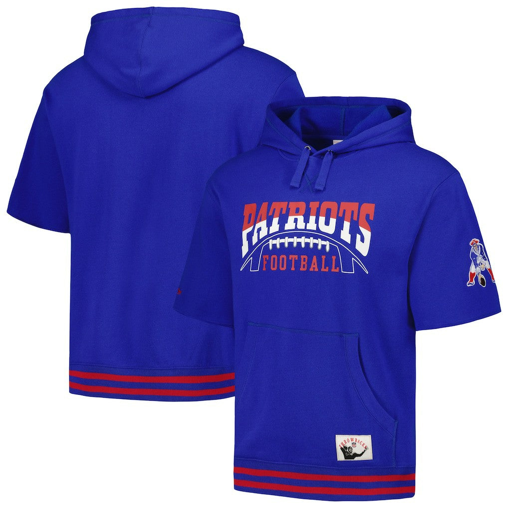 New England Patriots Pre-Game Short Sleeve Pullover Hoodie - Royal - Mitchell & Ness