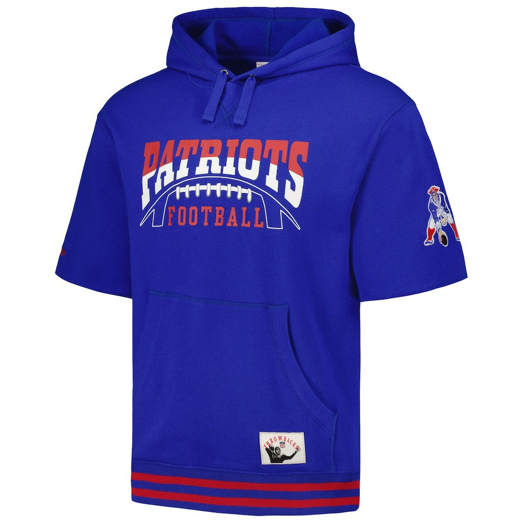 New England Patriots Pre-Game Short Sleeve Pullover Hoodie - Royal - Mitchell & Ness