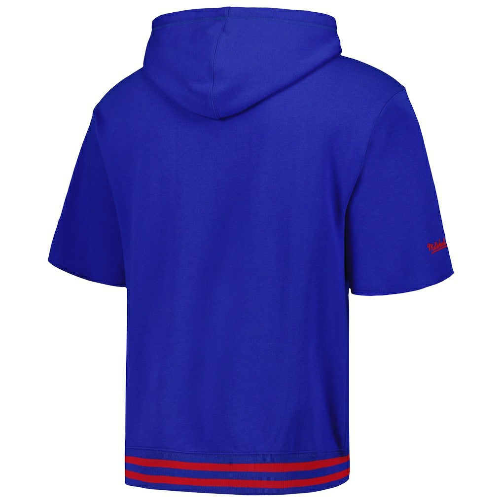 New England Patriots Pre-Game Short Sleeve Pullover Hoodie - Royal - Mitchell & Ness
