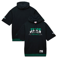 New York Jets Pre-Game Short Sleeve Pullover Hoodie - Black - Mitchell & Ness