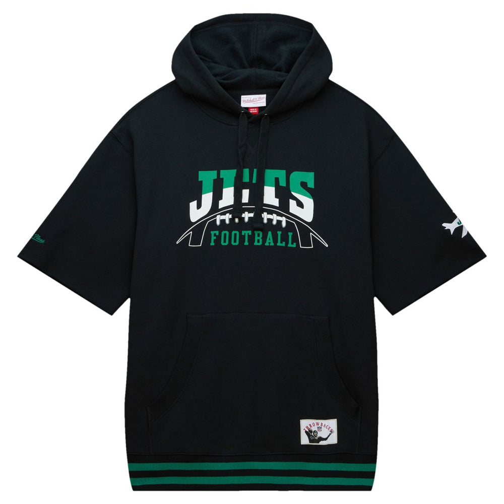 New York Jets Pre-Game Short Sleeve Pullover Hoodie - Black - Mitchell & Ness