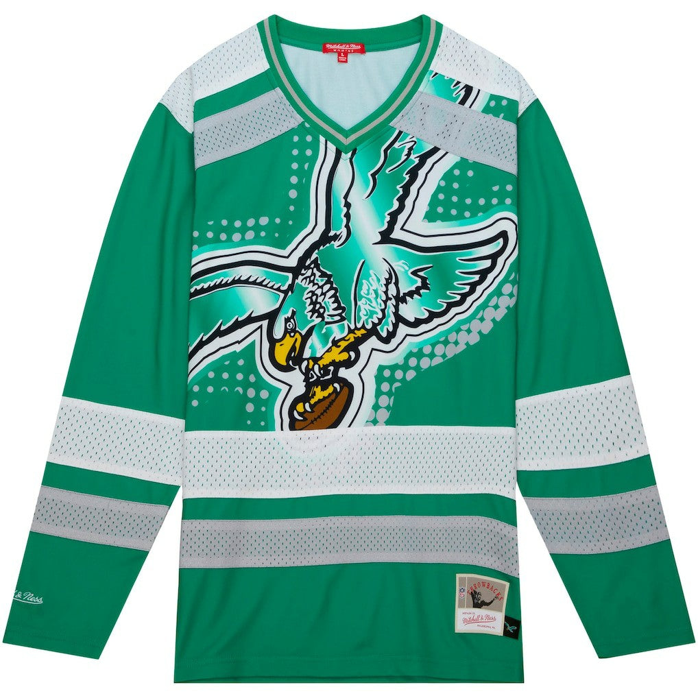 Philadelphia Eagles Women's Big Face 7.0 Long Sleeve Jersey T-Shirt - Green - Mitchell & Ness