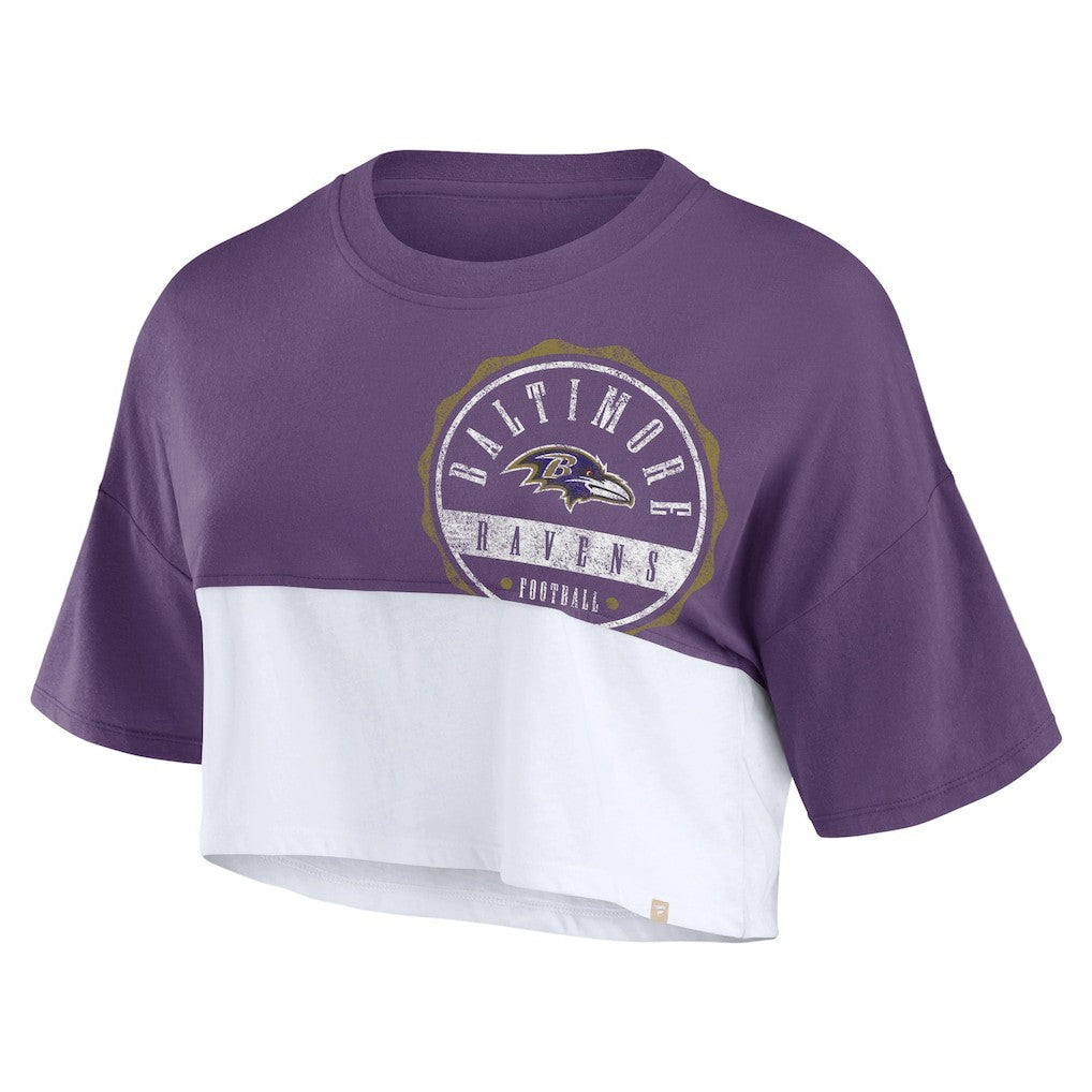 Baltimore Ravens Women's Boxy Color Split Cropped T-Shirt - Purple/White - Fanatics