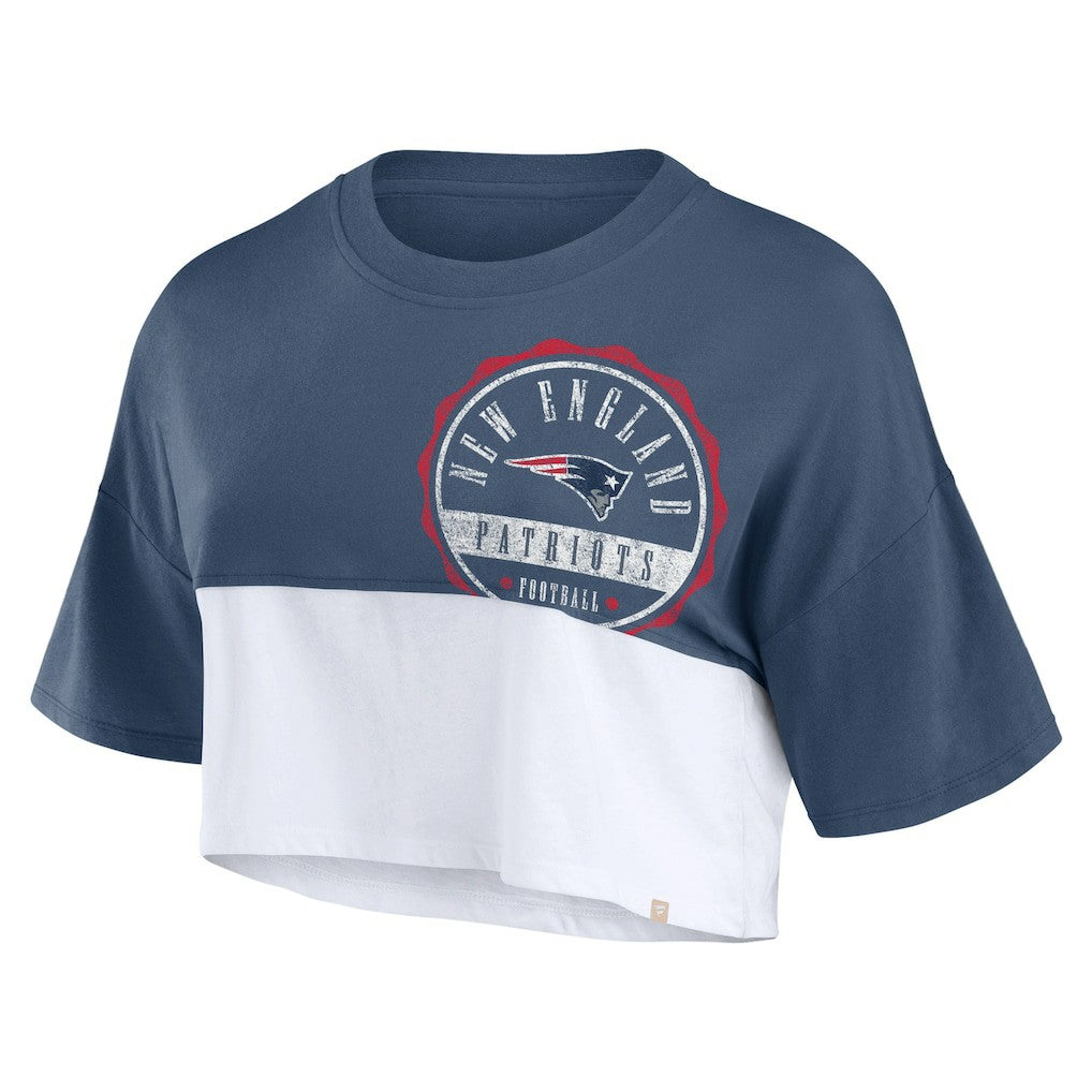 New England Patriots Women's Boxy Color Split Cropped T-Shirt - Navy/White - Fanatics