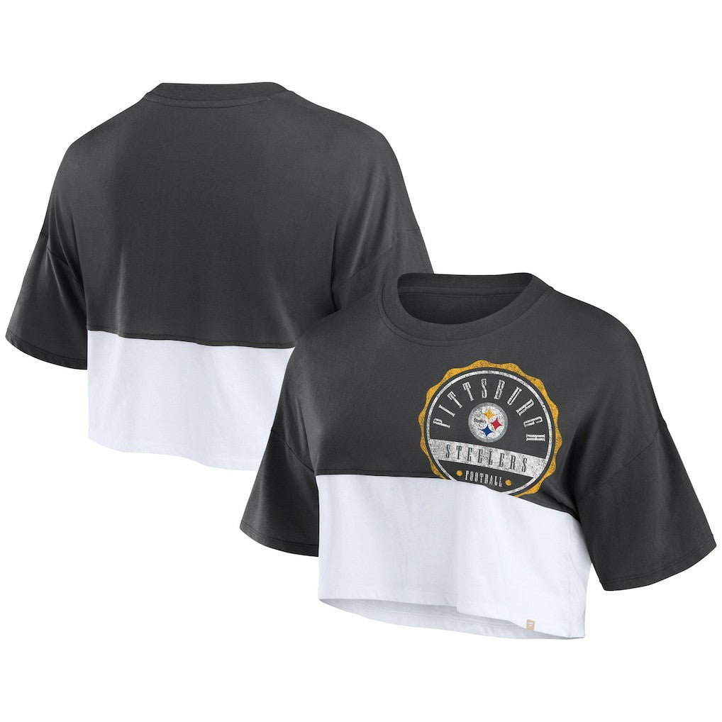 Pittsburgh Steelers Women's Boxy Color Split Cropped T-Shirt - Black/White - Fanatics