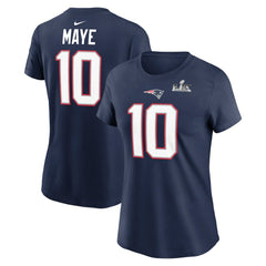 Drake Maye New England Patriots Women's Super Bowl LX Patch Name & Number T-Shirt - Navy - Nike