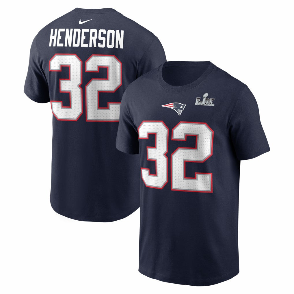 TreVeyon Henderson New England Patriots Super Bowl LX Patch Name & Number T-Shirt - Navy - Nike