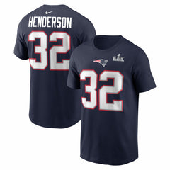 TreVeyon Henderson New England Patriots Super Bowl LX Patch Name & Number T-Shirt - Navy - Nike