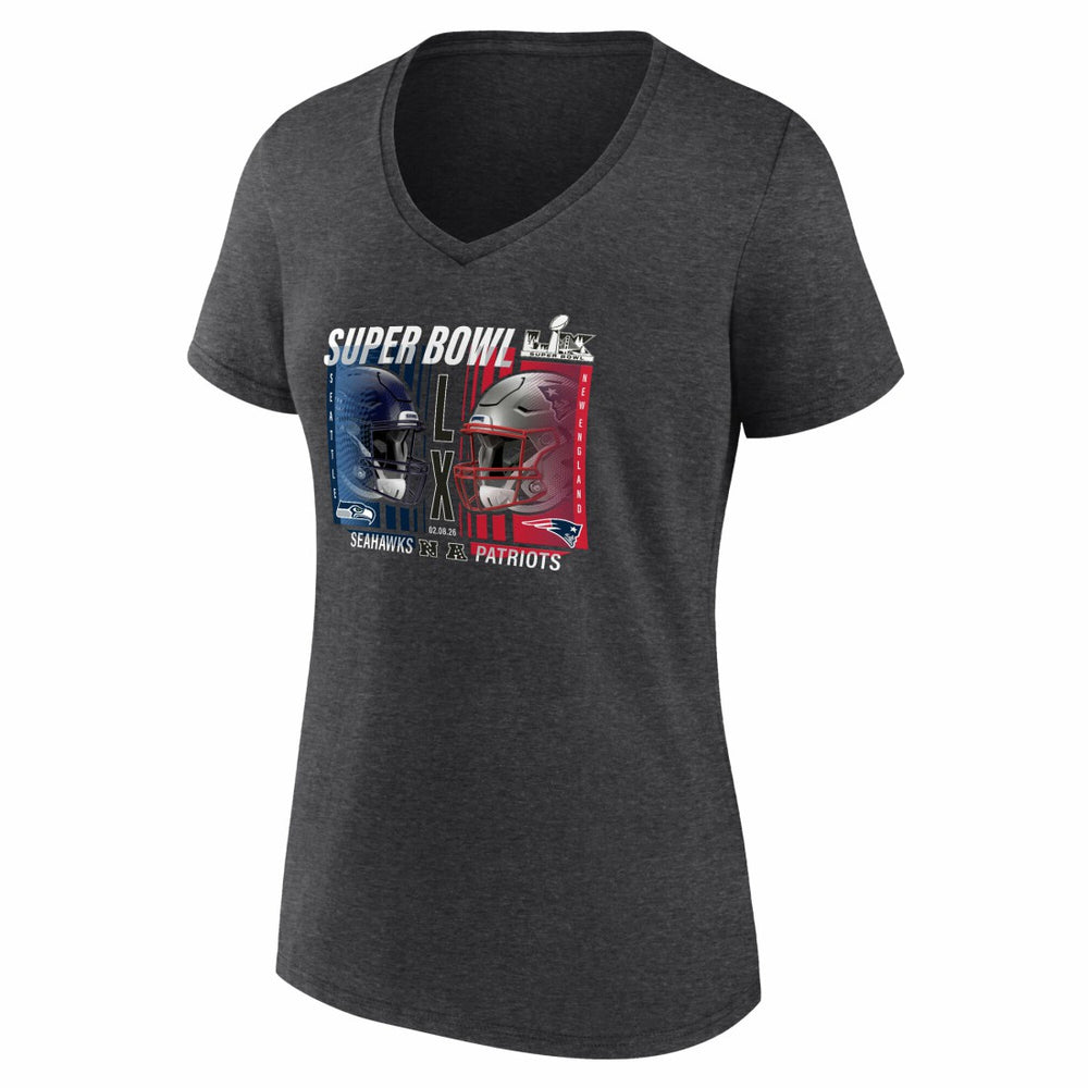 New England Patriots vs. Seattle Seahawks Women's Super Bowl LX Matchup Final Battle V-Neck T-Shirt - Heather Charcoal - Fanatics