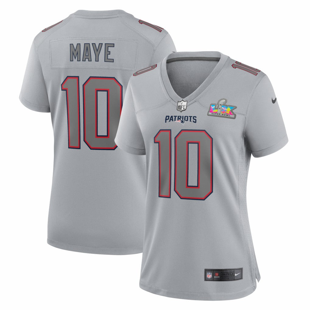 Drake Maye New England Patriots Women's Super Bowl LX Patch Atmosphere Fashion Game Jersey - Silver - Nike