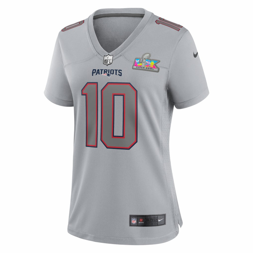 Drake Maye New England Patriots Women's Super Bowl LX Patch Atmosphere Fashion Game Jersey - Silver - Nike