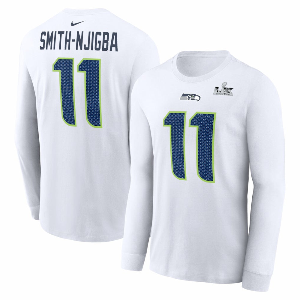 Jaxon Smith-Njigba Seattle Seahawks Super Bowl LX Champions Patch Name & Number Long Sleeve T-Shirt - White - Nike