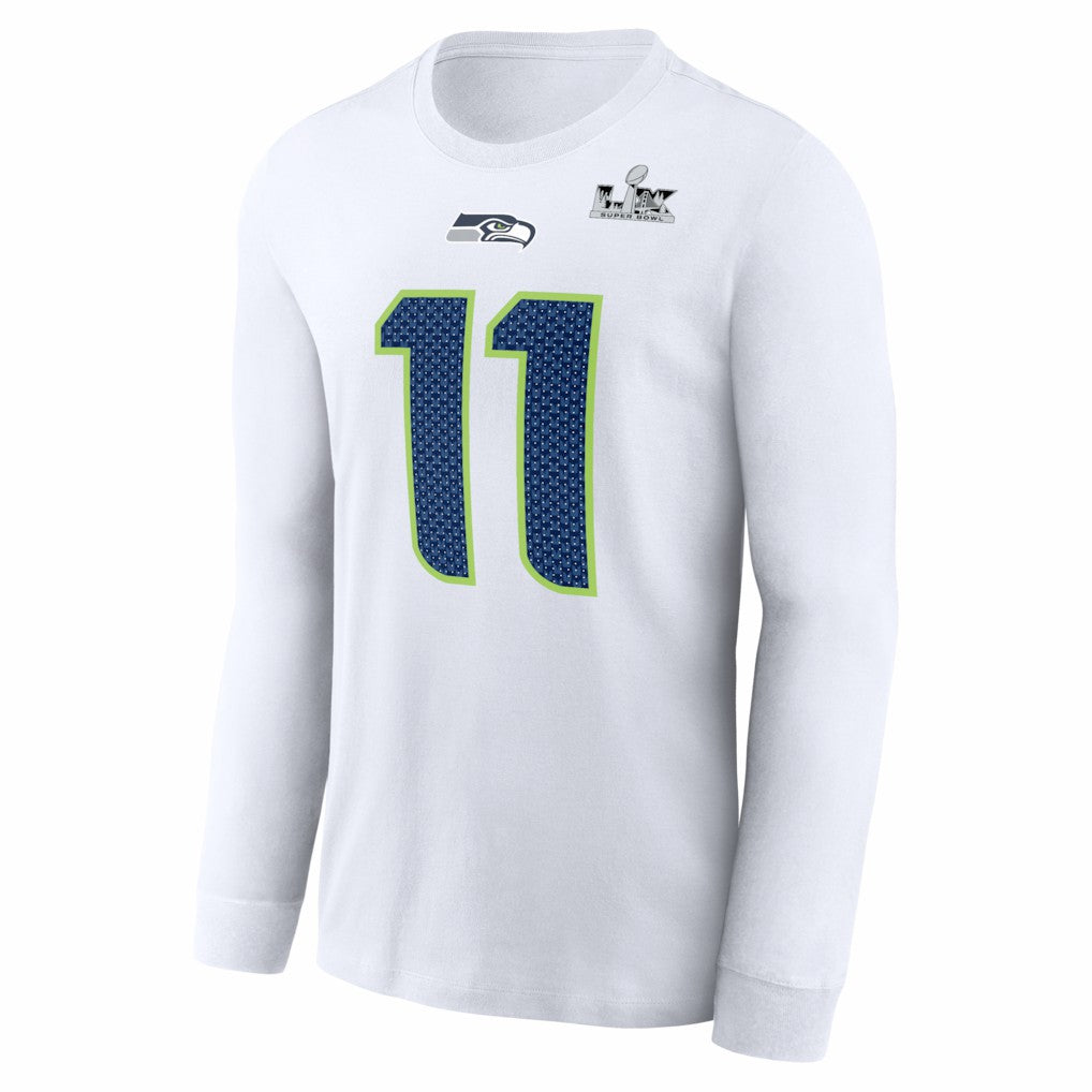 Jaxon Smith-Njigba Seattle Seahawks Super Bowl LX Champions Patch Name & Number Long Sleeve T-Shirt - White - Nike
