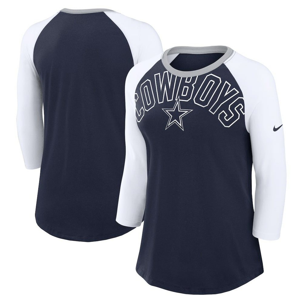 Dallas Cowboys Women's Knockout Arch Raglan Tri-Blend 3/4-Sleeve T-Shirt - Navy/White - Nike