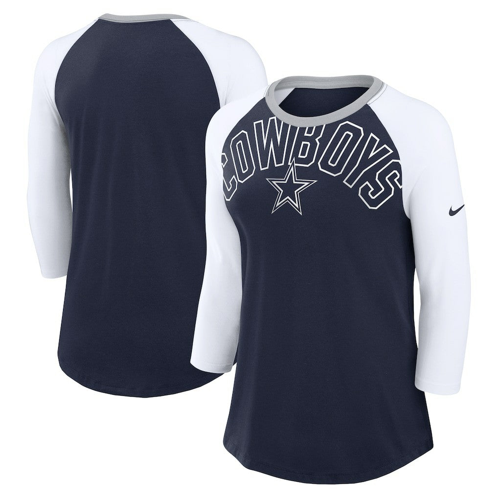Dallas Cowboys Women's Knockout Arch Raglan Tri-Blend 3/4-Sleeve T-Shirt - Navy/White - Nike