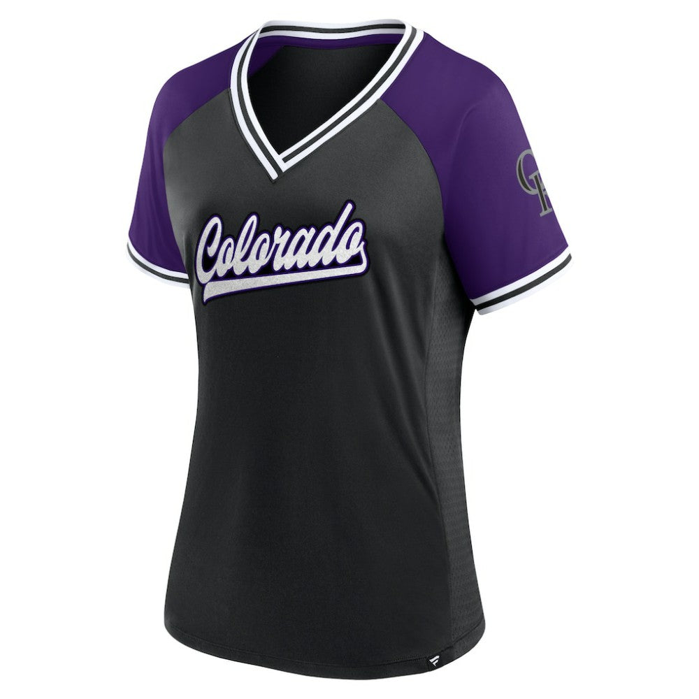 Colorado Rockies Fanatics Women's Glitz & Glam League Diva Raglan V-Neck T-Shirt Sale