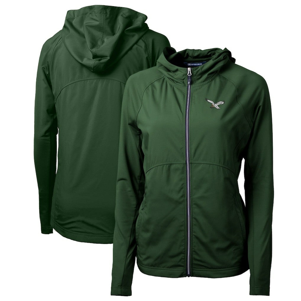 Philadelphia Eagles Cutter & Buck Women's Gridiron Classics Logo Adapt Eco Knit Hybrid Recycled Full-Zip Hoodie - Hunter Green - NFL