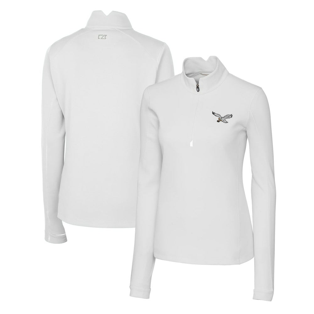 Philadelphia Eagles Cutter & Buck Women's Gridiron Classics Logo DryTec Traverse Stretch Quarter-Zip Pullover Top - White - NFL