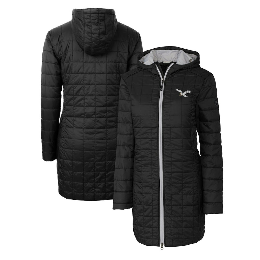 Philadelphia Eagles Cutter & Buck Women's Gridiron Classics Logo Rainier Primaloft Eco Insulated Hooded Long Coat - Black - NFL