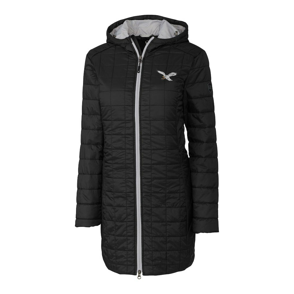 Philadelphia Eagles Cutter & Buck Women's Gridiron Classics Logo Rainier Primaloft Eco Insulated Hooded Long Coat - Black - NFL