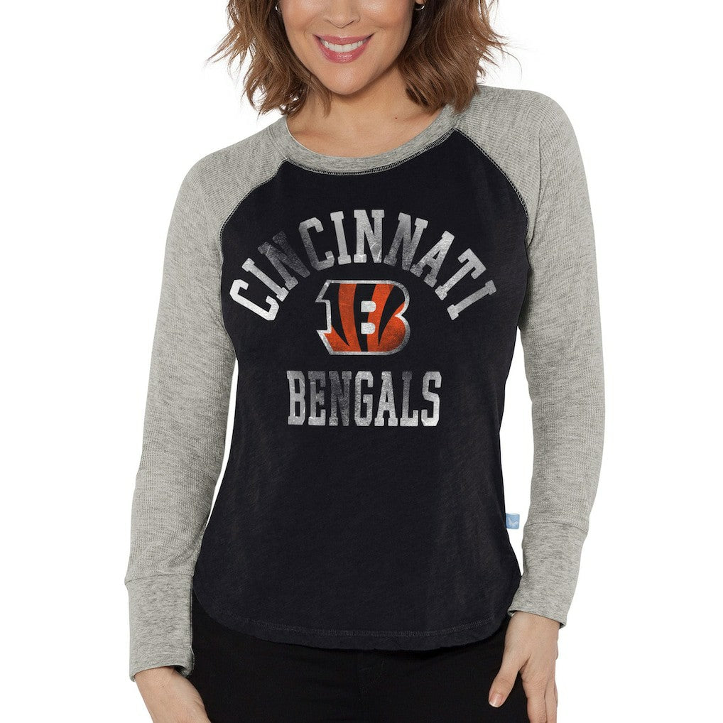 Cincinnati Bengals G-III 4Her by Carl Banks Women's Waffle Knit Raglan Long Sleeve T-Shirt - Black/Heather Gray - NFL