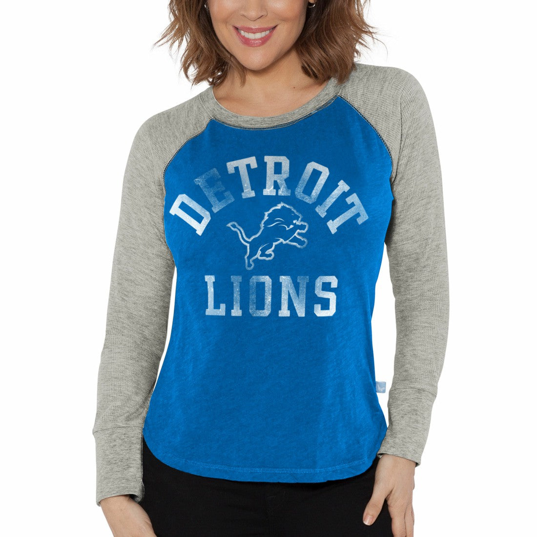Detroit Lions G-III 4Her by Carl Banks Women's Waffle Knit Raglan Long Sleeve T-Shirt - Blue/Heather Gray - NFL