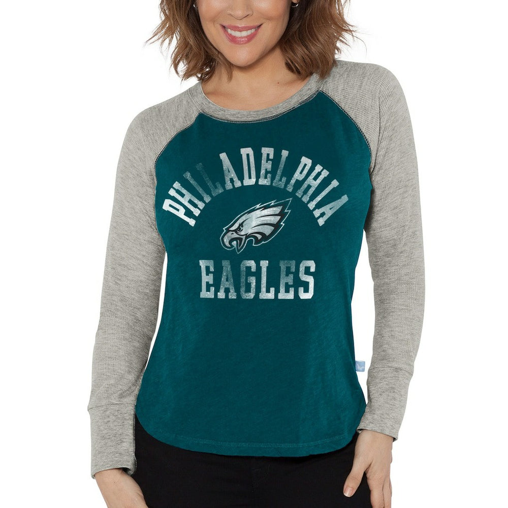 Philadelphia Eagles G-III 4Her by Carl Banks Women's Waffle Knit Raglan Long Sleeve T-Shirt - Midnight Green/Heather Gray - NFL