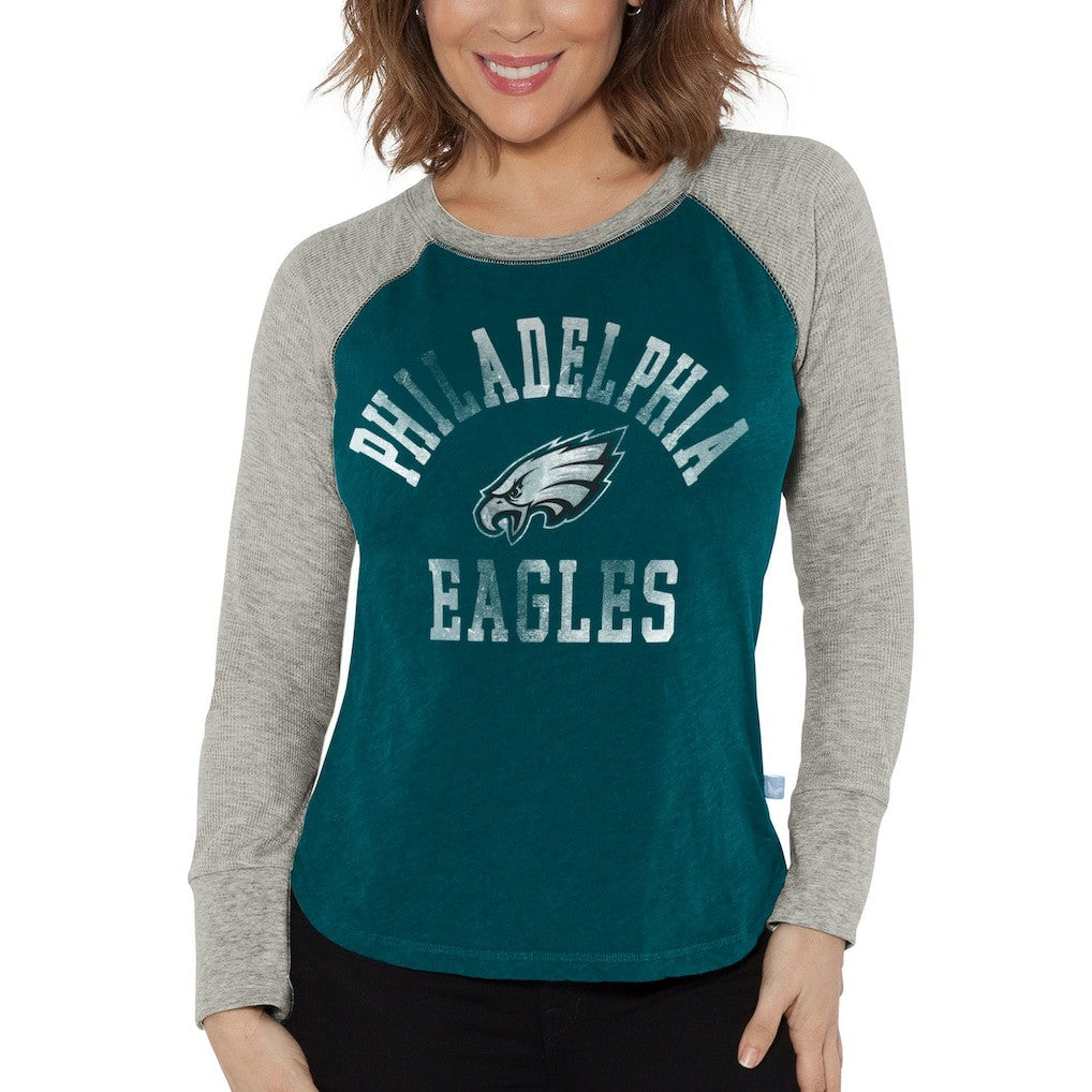 Philadelphia Eagles G-III 4Her by Carl Banks Women's Waffle Knit Raglan Long Sleeve T-Shirt - Midnight Green/Heather Gray - NFL