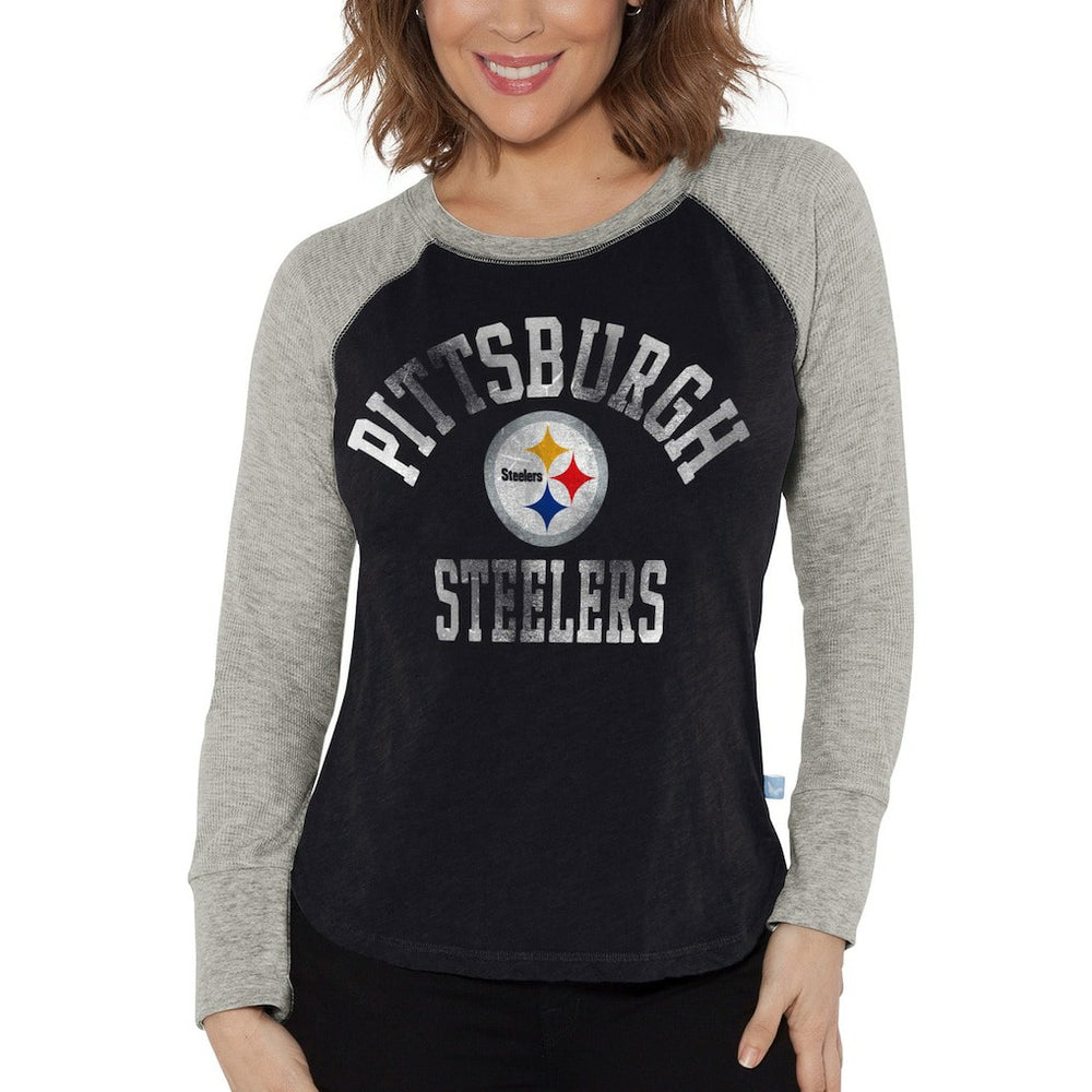 Pittsburgh Steelers G-III 4Her by Carl Banks Women's Waffle Knit Raglan Long Sleeve T-Shirt - Black/Heather Gray - NFL