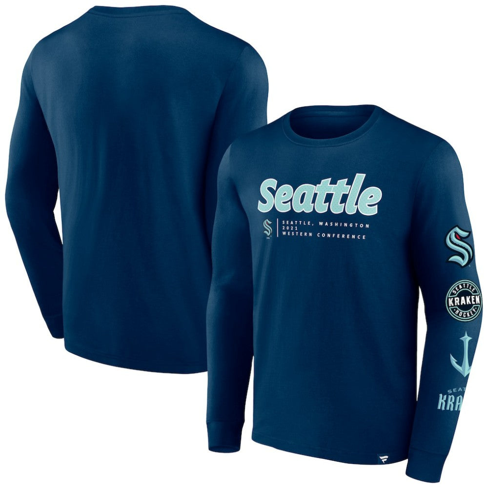 Seattle Kraken Fanatics Strike the Goal Long Sleeve T-Shirt - Deep Sea Blue | Fanatics discount