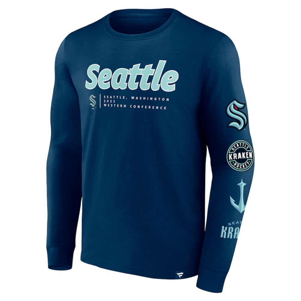 Seattle Kraken Fanatics Strike the Goal Long Sleeve T-Shirt - Deep Sea Blue | Fanatics discount