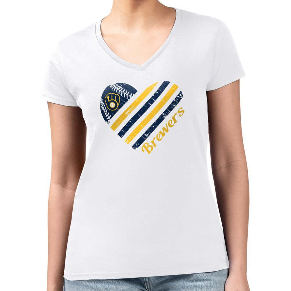 Milwaukee Brewers G-III 4Her by Carl Banks Women's Super-Slim Fit Lightweight Heart V-Neck T-Shirt Outlet