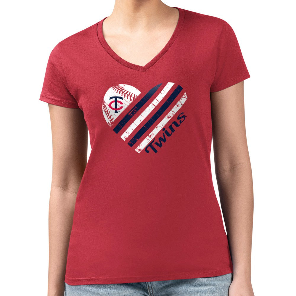Minnesota Twins G-III 4Her by Carl Banks Women's Super-Slim Fit Lightweight Heart V-Neck T-Shirt Discount