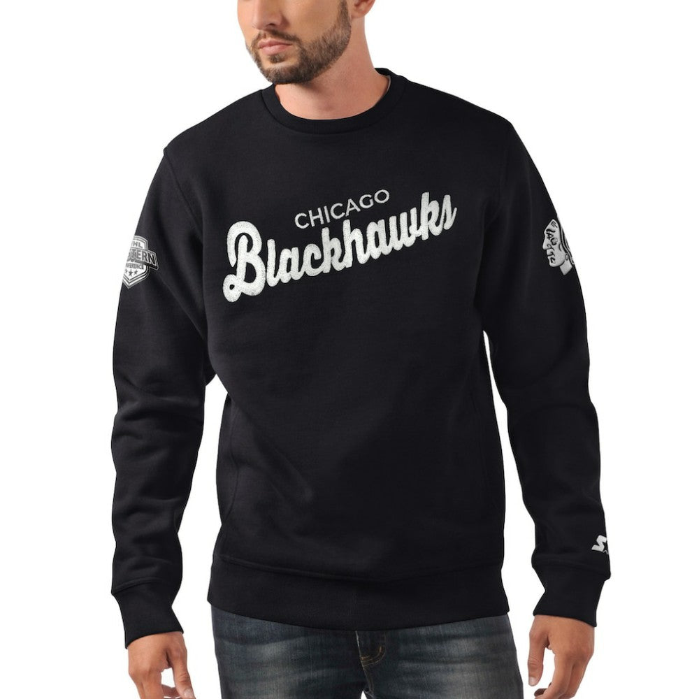 Chicago Blackhawks Starter x NHL Black Ice Cross Check Pullover Sweatshirt - Black | NHL Lifestyle